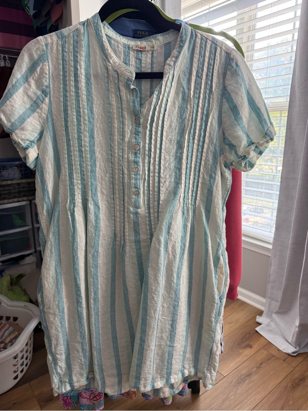 Faherty Light Blue and White Striped Pintuck Polo Dress